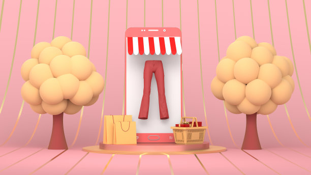 粉色手机和树在迷人的t台上。象征着网上女装店的基座。购买包，在购物车的箱子。三维渲染图片下载