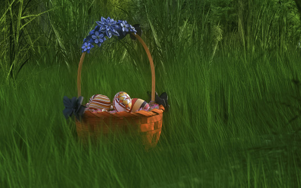 在阳光明媚的日子里，绿草地上放着一篮子复活节彩蛋。图片下载