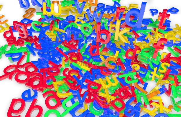 三维插图的对象的字母字母从上面落在地上积累。图片下载