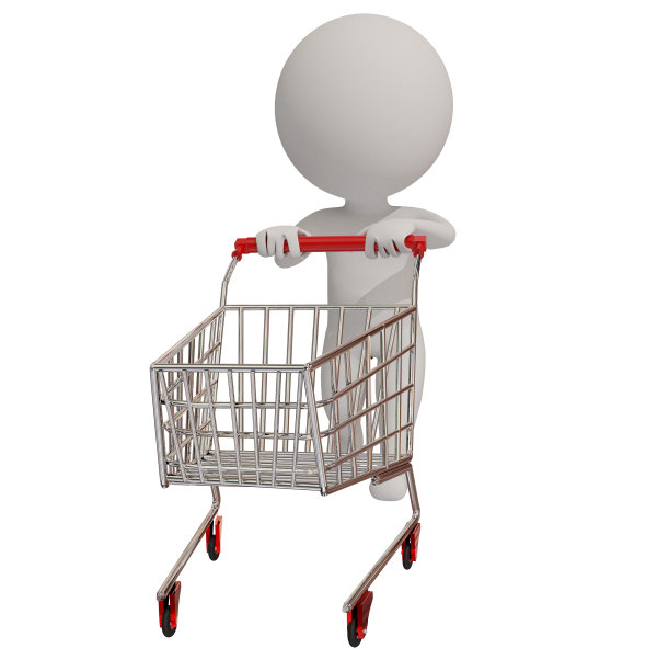 超市手推车空3d人卡通人物孤立的背景- 3d渲染图片下载