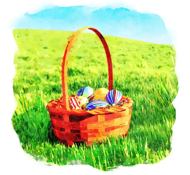 复活节篮子与彩色的蛋在水彩画图片下载