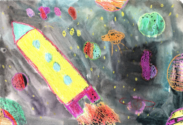 水彩儿童画太空行星火箭图片下载