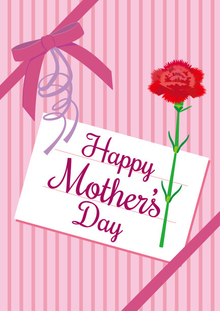 “母亲节快乐”标签和粉红色丝带蝴蝶结礼品包装设计贺卡与康乃馨图片下载