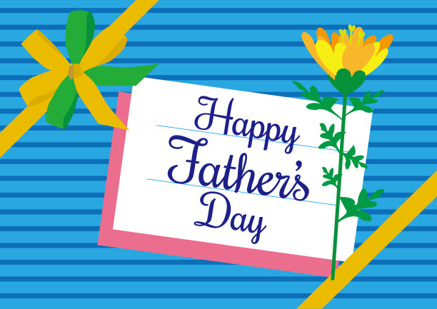 “父亲节快乐”黄色丝带和双色蝴蝶结礼品包装设计贺卡图片下载