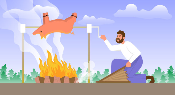 一名男子在篝火上烤了一整只猪图片下载