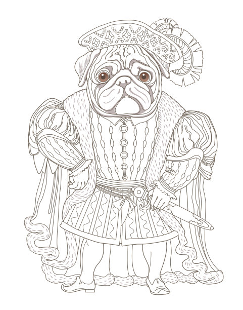 童话人物哈巴狗穿着复古的文艺复兴服装，戴着带有羽毛的帽子，皮草大衣。直线棕色轮廓涂鸦素描。t恤印花，成人和儿童涂色书页图片下载