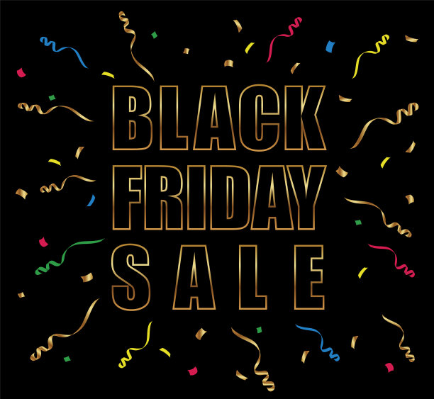 黑色星期五的销售标志，金色的标志和五彩纸屑图片下载