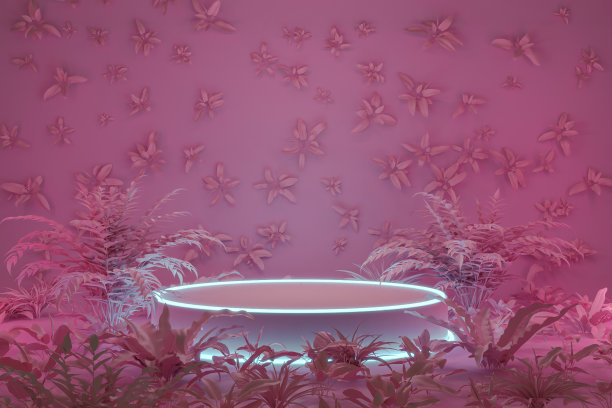3d渲染霓虹灯照明的pod被粉红色的热带植物包围图片下载