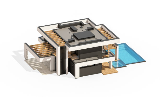 3D渲染：白色背景上的现代舒适豪华住宅图片下载