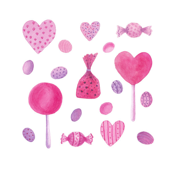 糖果，焦糖，棒棒糖，蜜饯和心形糖果。糖果。水彩插图上的白色背景。图片下载