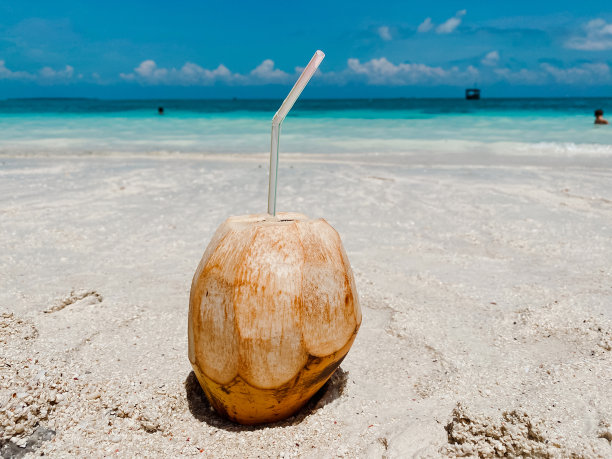 在蔚蓝的海洋和蓝天的背景下，一个年轻的椰子和一根稻草站在白色的沙滩上。休闲旅游概念。图片下载