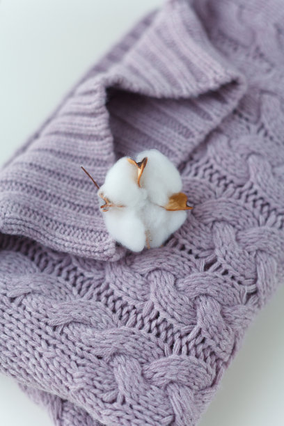 一件紫色针织毛衣上全是棉花。图片下载