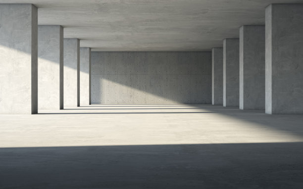 抽象空，现代混凝土室内与支柱-工业室内背景模板，3D渲染图片下载