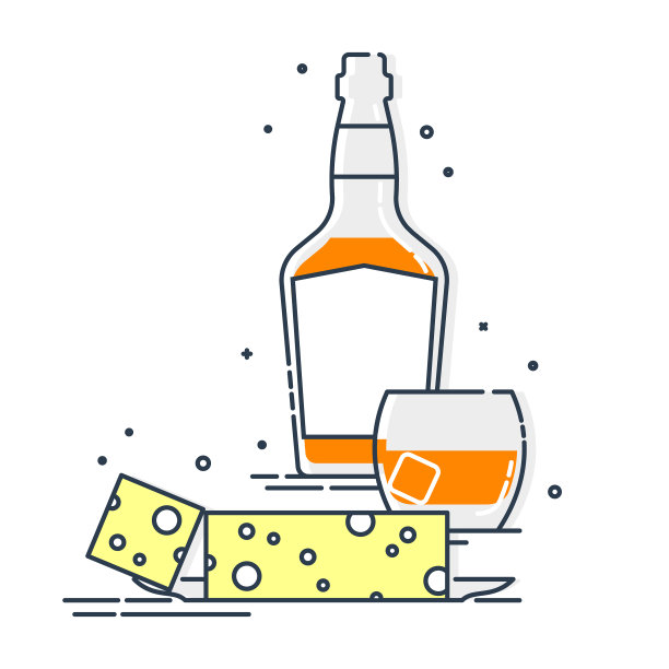 瓶装威士忌和玻璃杯和零食奶酪套装图片下载