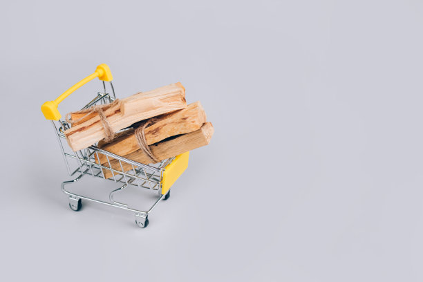 帕罗桑托树在浅灰色的背景下，在购物车里-来自拉丁美洲的神圣香树。冥想，心理健康和个人成就的概念。有选择性的重点图片下载