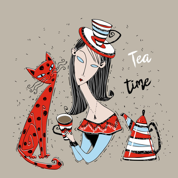 一个女孩和一只猫在喝茶。下午茶时间。新艺术风格。艺术。向量图片下载