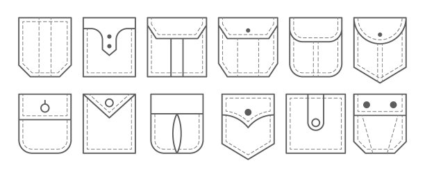 向量服装孤立的图标集。贴袋袋。图片下载