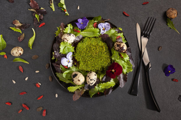 上面是用沙拉叶子、花和鸡蛋做成的花环。图片下载