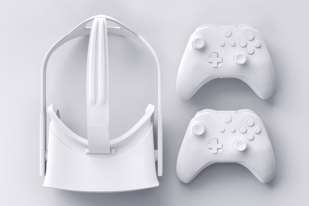 玩家工作空间的顶部视图和设备，如操纵杆和虚拟现实眼镜在白色图片下载