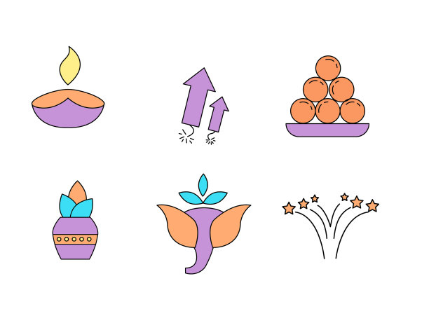 排灯节图标设计与蜡烛烟花图片下载