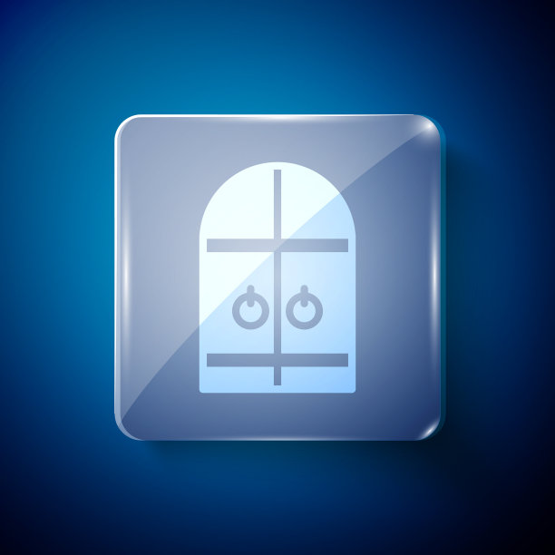 白色中世纪城堡大门图标孤立在蓝色图片下载