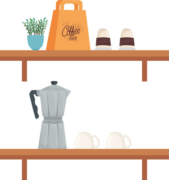 架子上有咖啡袋、马克杯、杯子和摩卡咖啡壶图片下载