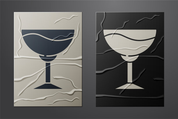 白葡萄酒杯图标孤立在皱巴巴的纸上图片下载