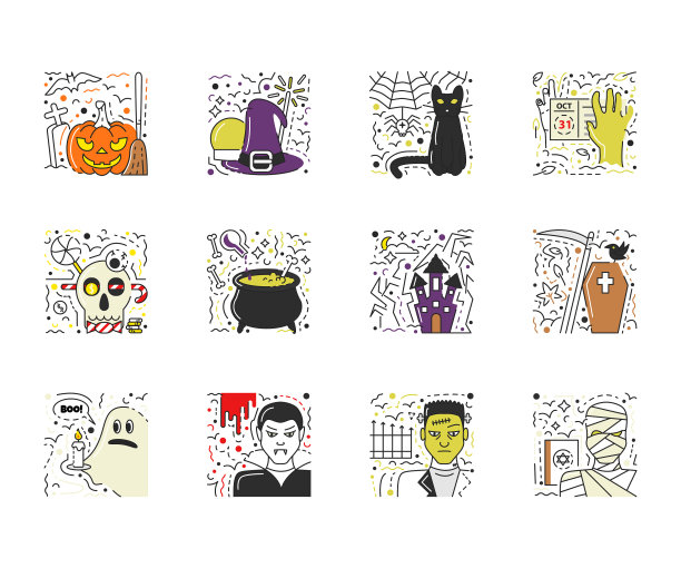 设置万圣节场景的平面线风格现代图片下载