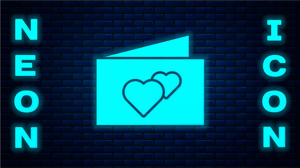 发光的霓虹灯贺卡图标孤立在砖块上图片下载