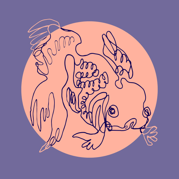 可爱的鱼在手绘线条风格的珊瑚圈图片下载