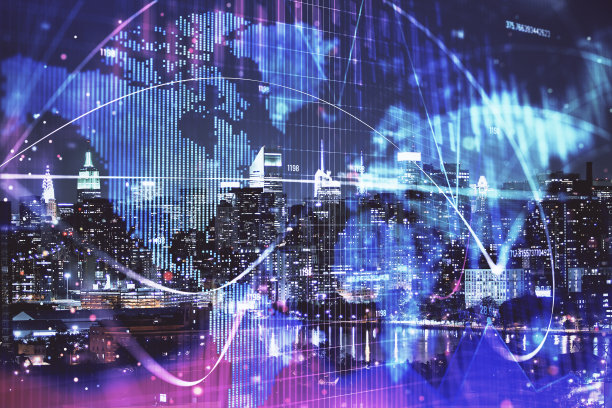 商业主题全息图和城市景观背景双重曝光。成功的概念。图片下载