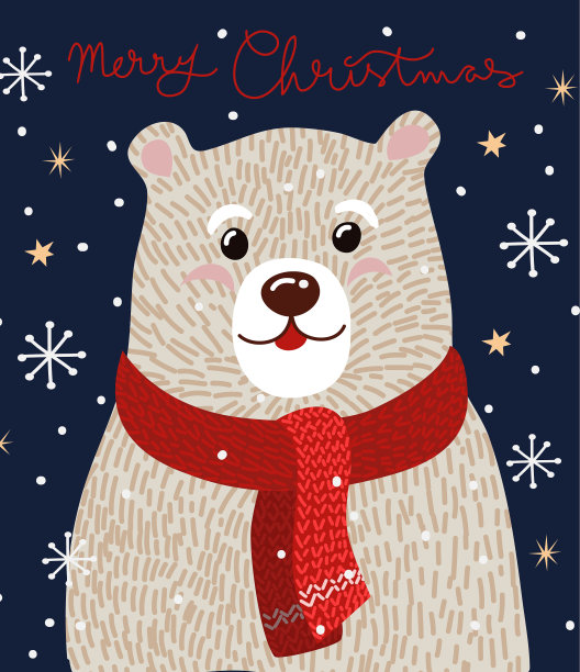 圣诞贺卡上戴着红围巾的可爱北极熊图片下载