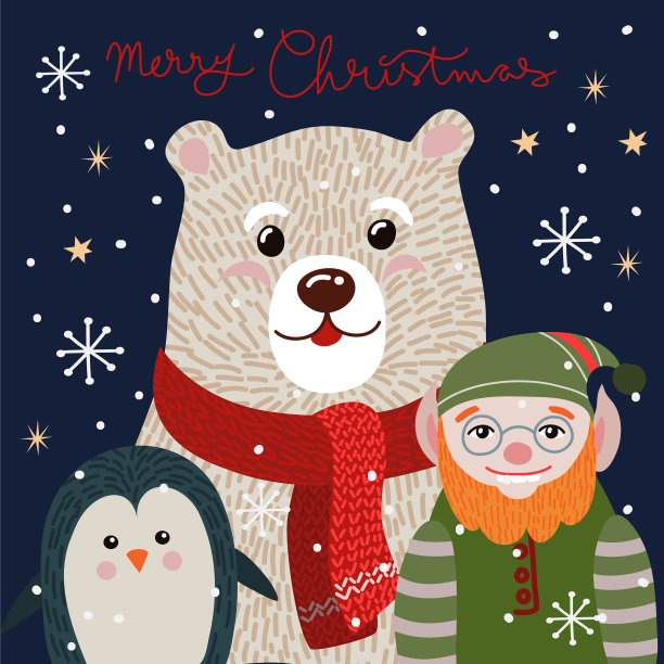 圣诞贺卡上戴着红围巾的可爱北极熊图片下载