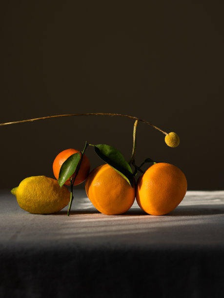 橙子橙子和一个柠檬的静物画。它们躺在桌子上。黑暗的彩色照片图片下载