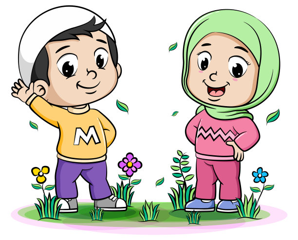 两个快乐的穆斯林孩子摆着hello pose图片下载