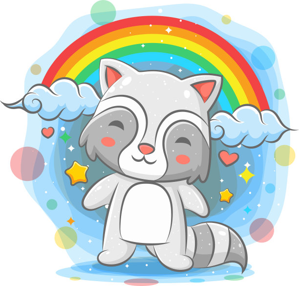 可爱的浣熊站在彩虹的背景图片下载