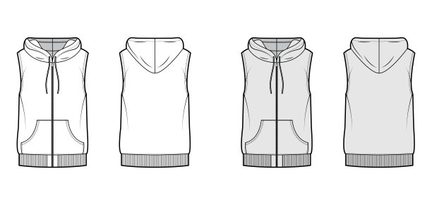 连帽背心蓬松马甲技术时尚插画无袖，袋鼠袋，拉链关闭，超大图片下载