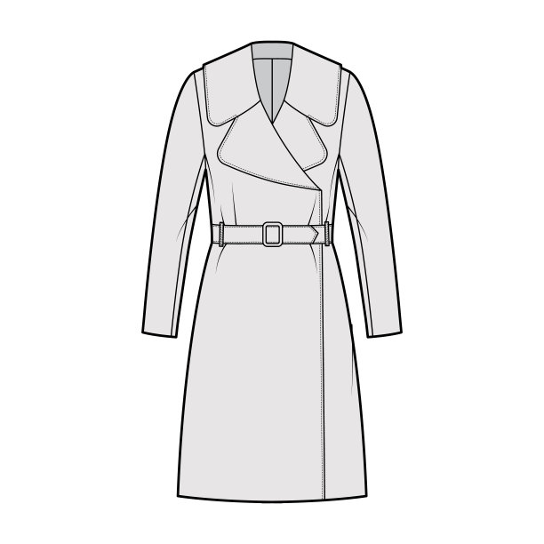 束带外套技术时尚插图，长袖，巨大的缺口衣领，超大的身体，膝盖长。平图片下载