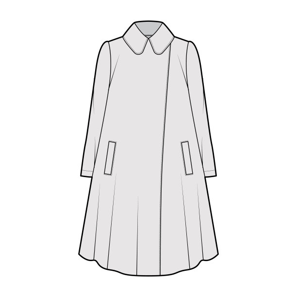 帐篷大衣技术时尚插图与长袖，圆翻领，超大的空中飞人身体，膝盖长度图片下载