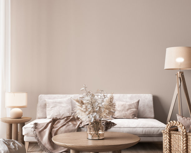 模拟墙在现代室内背景，中性木质客厅与干植物和家庭装饰图片下载