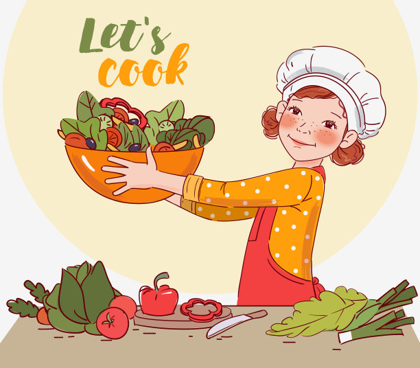 可爱的女孩在厨房做沙拉图片下载