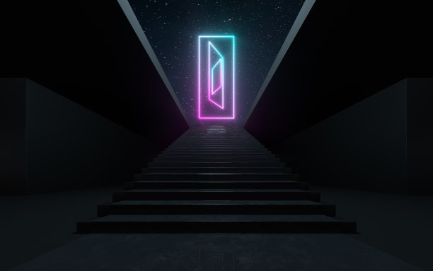 巨大的步骤与发光的霓虹线，3d渲染。图片下载