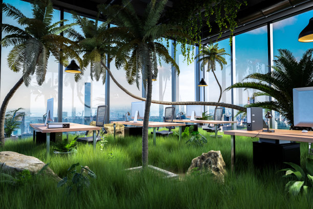 办公场所的电脑在一个现代的阁楼开放式办公室，被丛林雨林植物覆盖;全景天际线城市景观;概念绿色可持续公司;三维演示图片下载