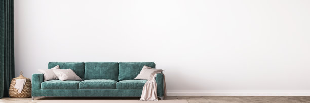 居家室内模型与绿色沙发和藤篮子在白色明亮的客厅，全景图片下载