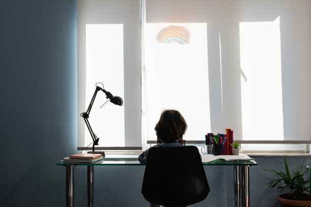 新常态下小学生在家上学的照片图片下载