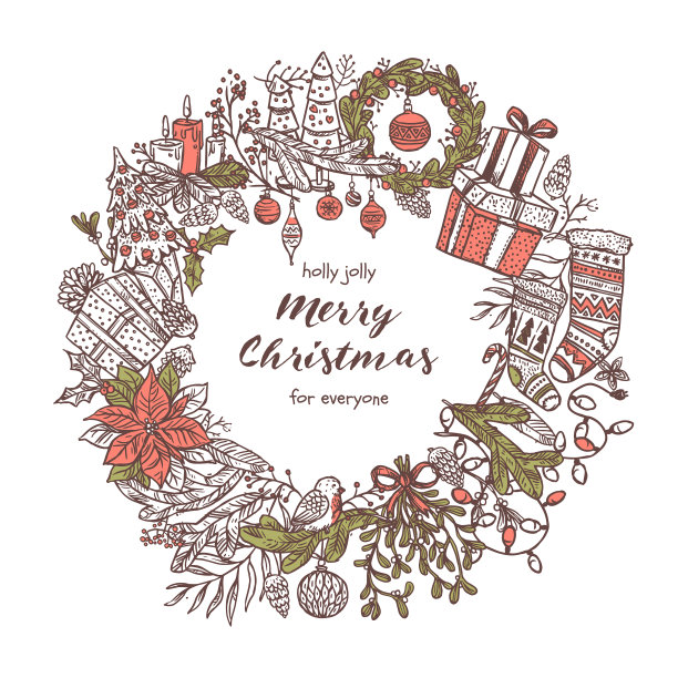圣诞花环与涂鸦的节日图标图片下载