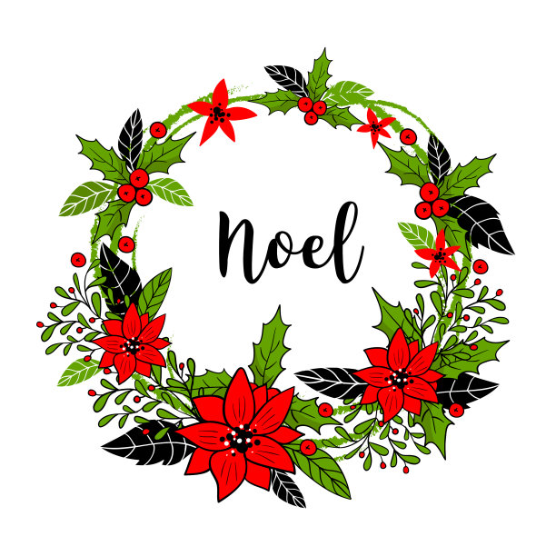 圣诞花环用红色的冬天的花和绿色图片下载