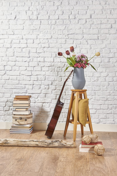 现代家居室内客厅白色墙壁背景金属椅子和花瓶花图片下载