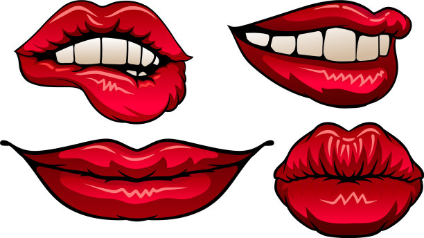 红色的上下嘴唇紧闭，露出牙齿图片下载