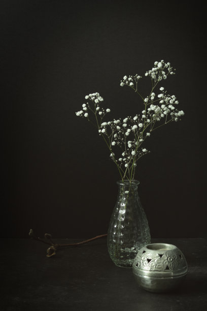 垂直静物与白色的吉普赛菲在玻璃花瓶，银色装饰。图片下载